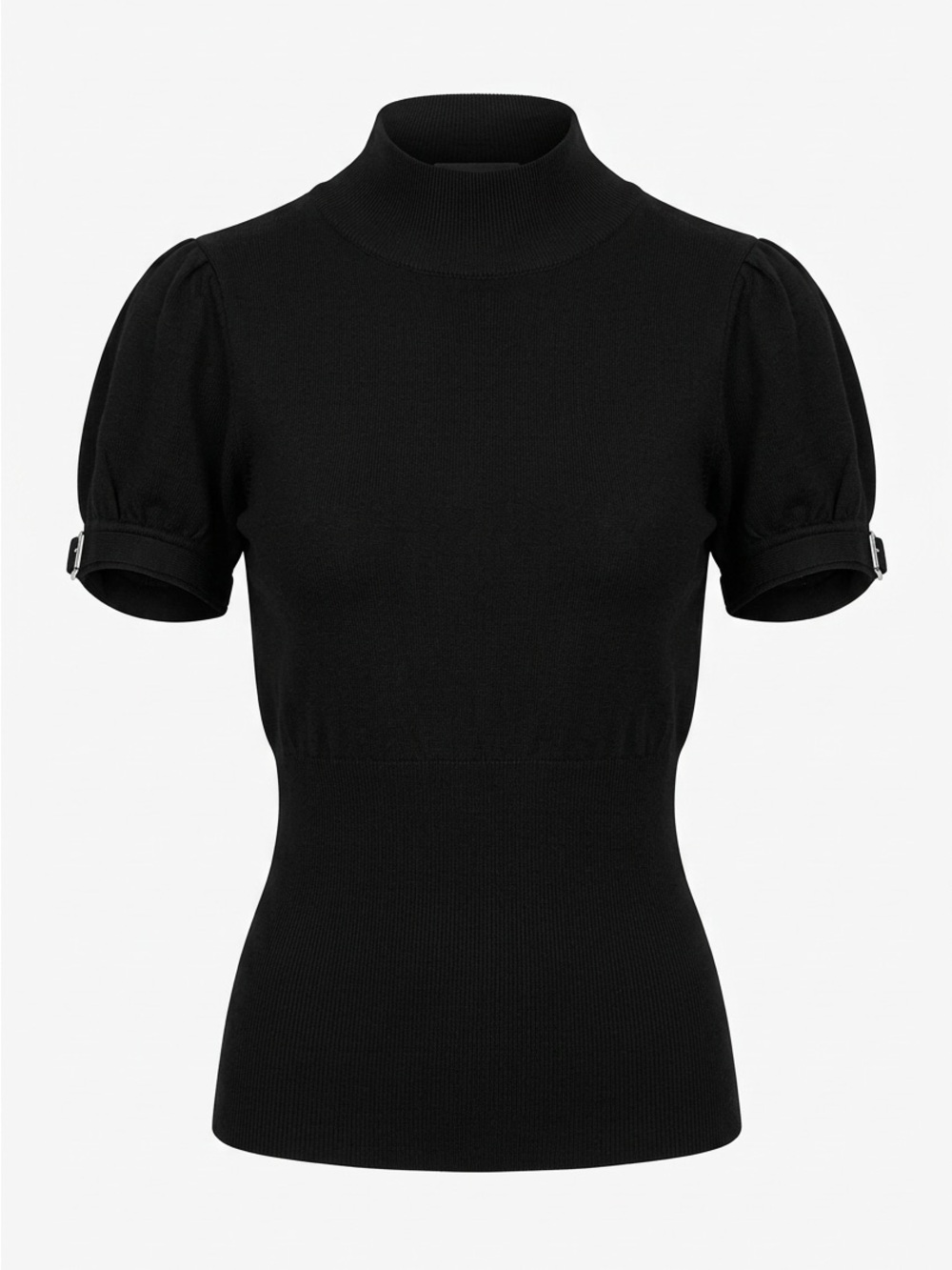 Express Black Puff-Sleeve Mock Neck Top with Buckle Detail